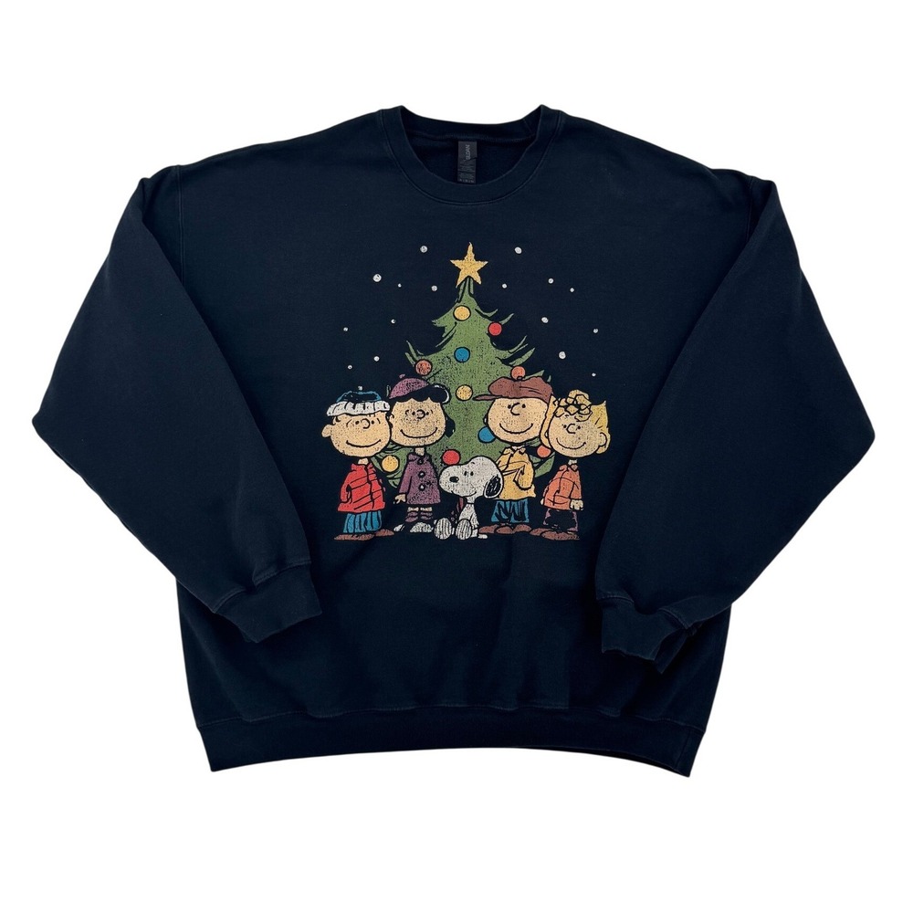 Gildan Peanuts Christmas Sweatshirt Women XL Black Excellent Snoopy Graphic